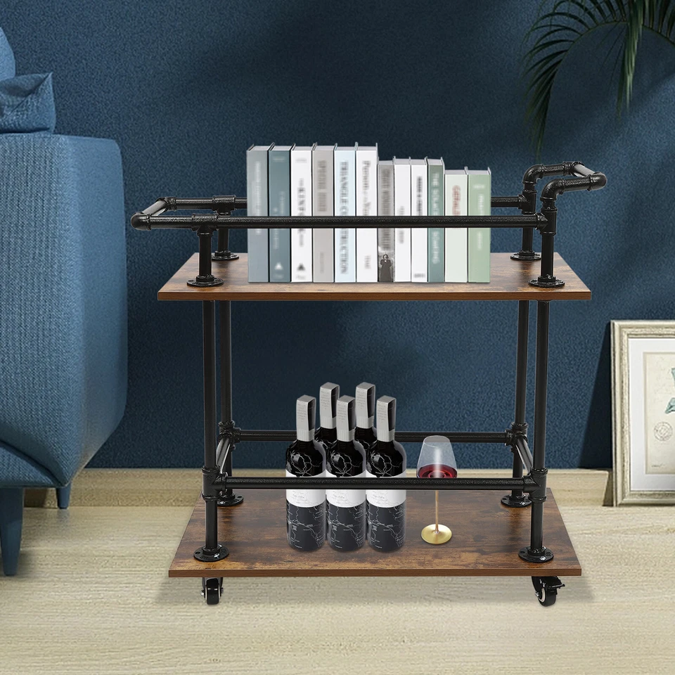 Carro de bar mesa de centro industrial de 2 niveles carro ruedas ruedas estante para vino Foto 4 de 4