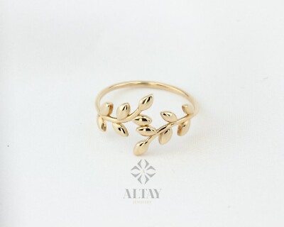 14K Blattgold Ring, Olivenblatt Ring, botanischer Ehering, zierlicher floraler Ring