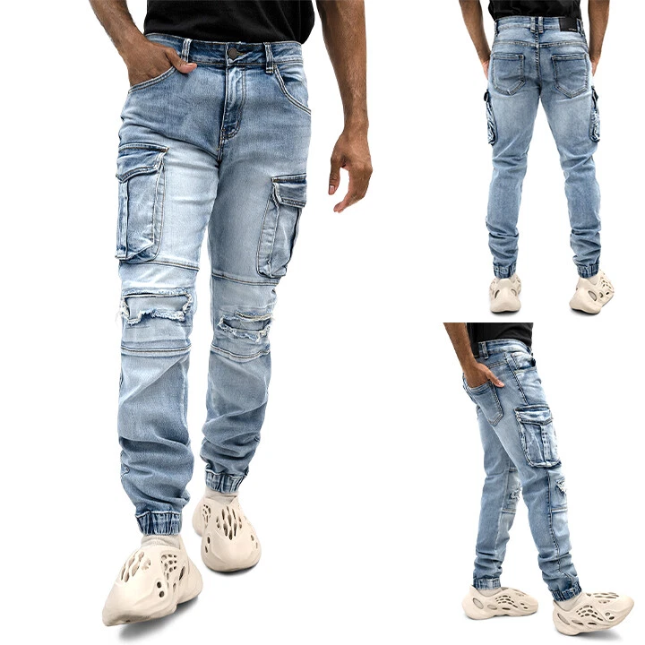 Victorious Men's Casual Distressed Washed Cargo Denim Joggers DL1420