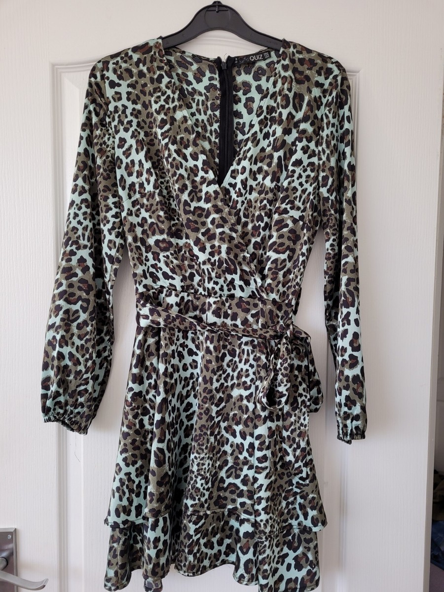 Quiz Green Leopard Print Long Sleeve Dress UK