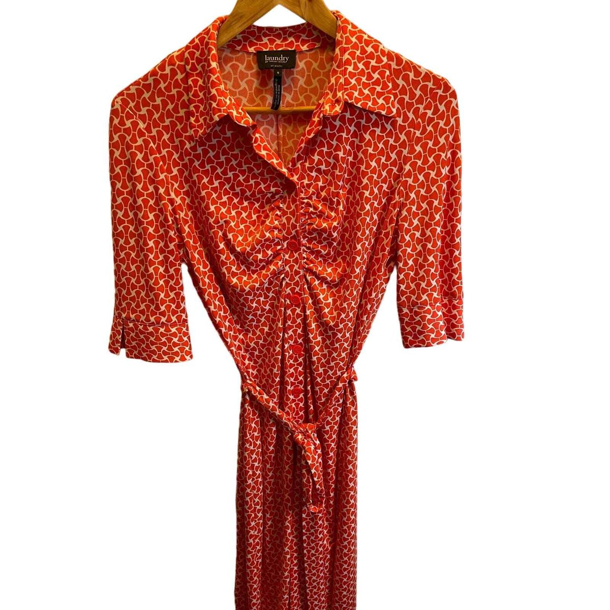laundry orange dress Laundry Orange Geometric Collared, V-Neck Button Down Dress, Tie & 3/4  Sleeves