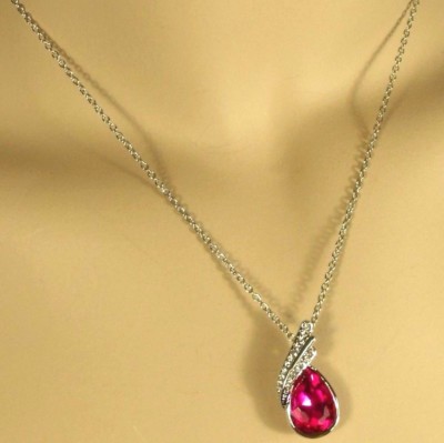 White Gold Pendant Clear and Rose Pink Austrian Crystals 16 inch Necklace 18kgp 