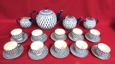 24 Pc. Russian Imperial Lomonosov Porcelain Tea Set Cobalt Net - MINT