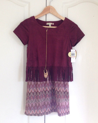 New Speechless Girl Boho Fringe Brown Burgundy Chevron Crochet Lined Dress 12