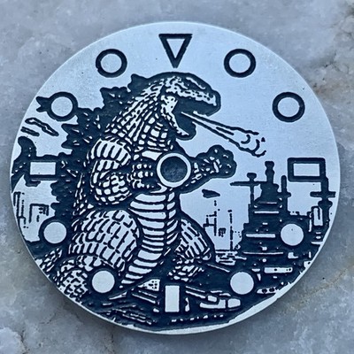 Godzilla - Ø 28,5 mm watch dial, hand made, deeply engraved, silver brass