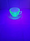 Vintage Green Uranium Depression Glass Thumbprint Cup & Saucer Set