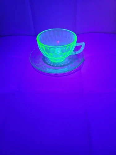 Vintage Green Uranium Depression Glass Thumbprint Cup & Saucer Set