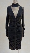 Venus Women’s M Black Mesh Ruched Dress Bodycon Mockneck Gold Sparkle Stretch