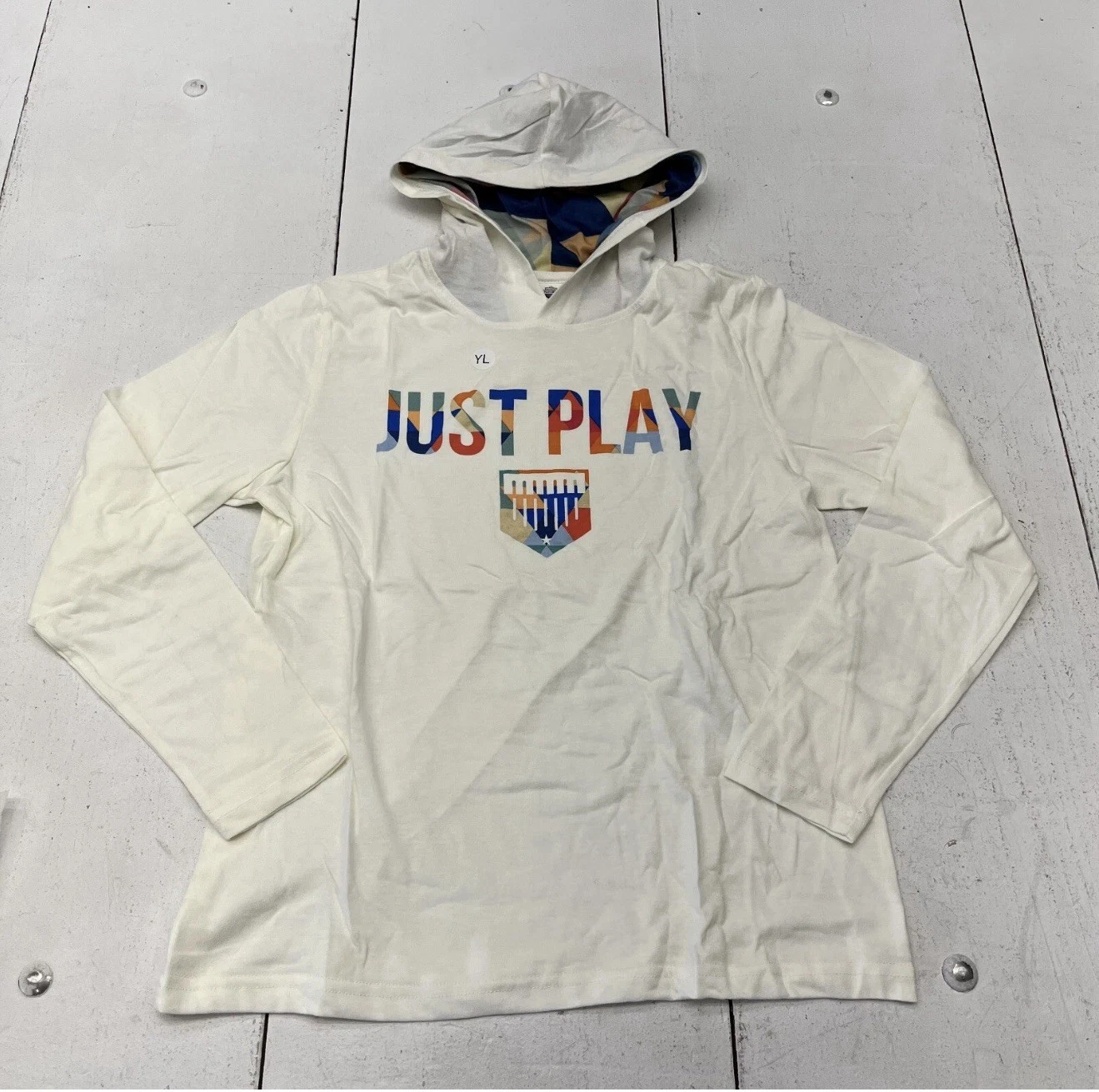 Felpa con cappuccio maglietta stampa "Just Play" Crate Off White taglia Youth Medium Plate Crate NUOVA