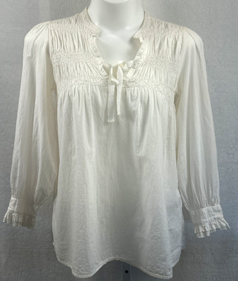 Vintage Kaffe White Cotton Smocked Blouse Women 40 European Cottagecore Y2K Boho