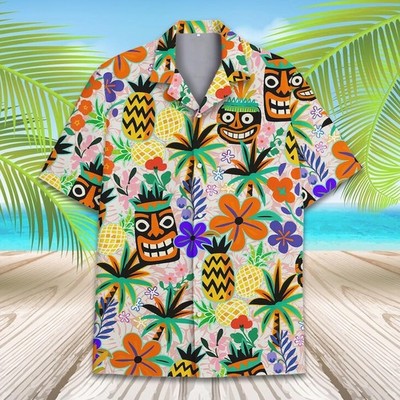 Tropical Tiki Pineapple Hawaiian Shirt Mens Beach Vacation Aloha Summer Top