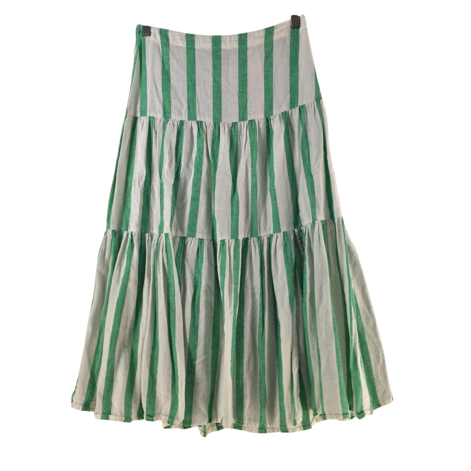 French Connection Skirt Womens 8 Green Stripe Linen Peasant Midi Elastic 135762