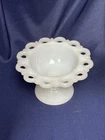 Vtg Anchor Hocking Old Colony Milk Glass Pedestal Bowl Open Lace Edge Compote