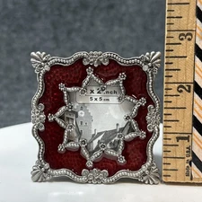 Vintage Ornate Red & Silver Mini Picture Frame 2x2 Inch Scalloped Holiday Decor