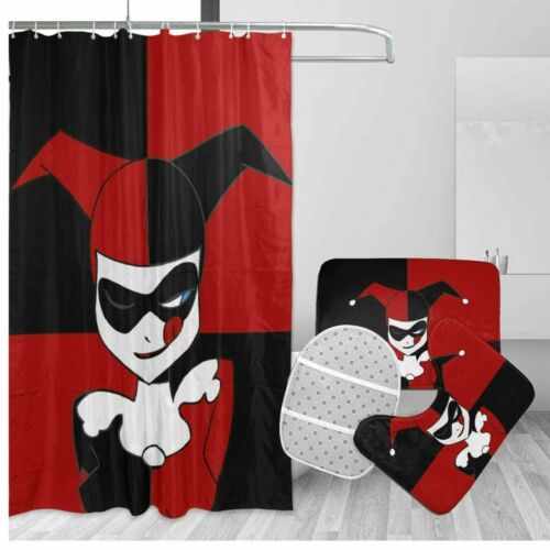 Harley Quinn Bathroom Shower Curtain Anti-Slip Mats Toilet Lid Cover 4PCS Set - Picture 1 of 9