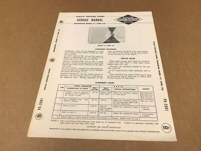 Vintage Philco Portable Radio Service Manual - Model T-7 Code 126