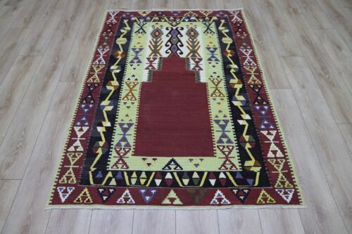 Turkish Kilim Livingroom Burgundy Rug Anatolian Handmade Tribal Carpet 4x6ft - Picture 1 of 14