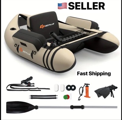Inflatable Fishing Float Tube w/ Pump, Paddle, Storage Pockets, Fish Ruler Beige
