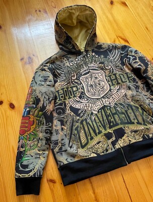 Mens Y2K Christian Audigier Hip Hop University Skull Print Full