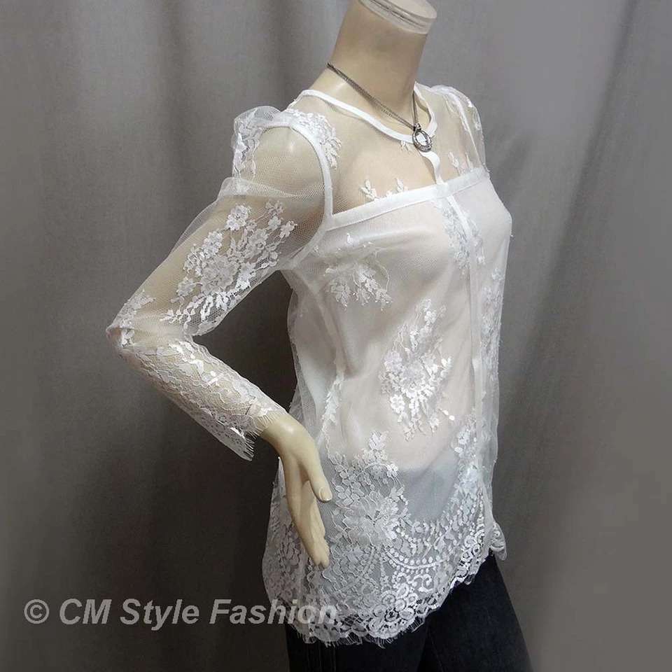 Blusa Top Estilo CM Sexy Transparente Hombro Encaje Floral Blanca S Foto 3 de 4