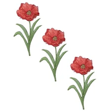 3-Pack Poppy Applique Patch - Flower Gardening Embroidered Badge 2" (Iron on)