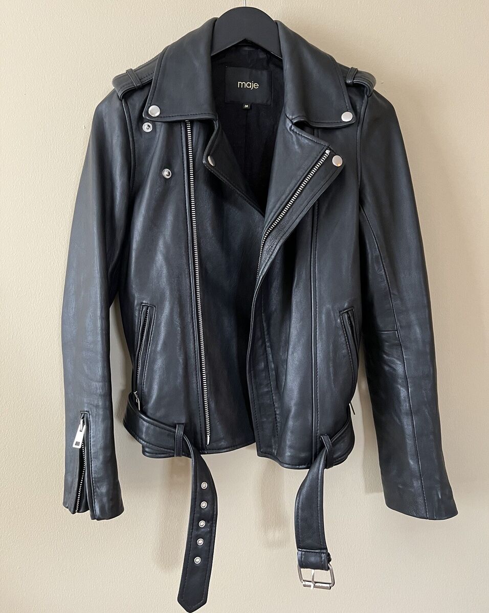 MAJE LEATHER JACKET, MOTO BIKER JACKET WITH BELT | eBay MAJE LEATHER JACKET, MOTO BIKER JACKET WITH BELT | eBay