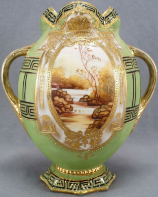 Nippon Morimura Hand Painted Landscape Scene Matte Green & Greek Key Vase