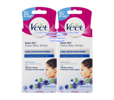 2 x Veet Easy-Gel Face Wax Strips Almond Oil 20 Pack With 4 Perfect Finish Wipes