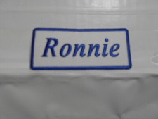 RONNIE NEW EMBROIDERED SEW / IRON ON NAME PATCH BLUE ON WHITE 1-1/2t X 3-1/2w