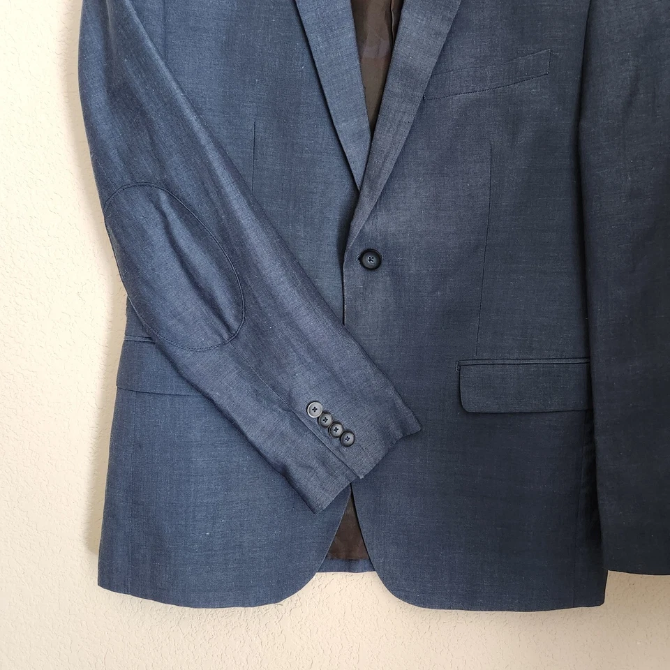 Andrew Marc Blazer 38S Wool Linen Sports Coat Elbow Patch Double Vent Blue - Image 3 of 4