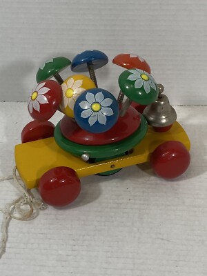Vintage Kouvalias Wooden Pull Toy Rotating Bell Flowers-Made in