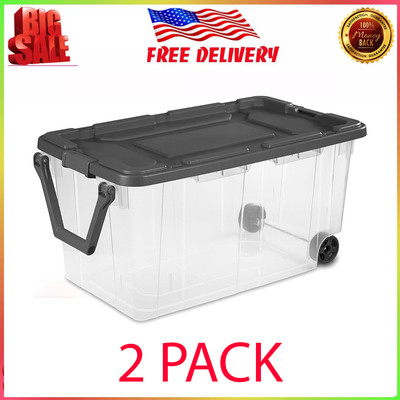 Sterilite 160 Qt Latching Stackable Wheeled Storage Box Container w/ Lid, 2 Pack