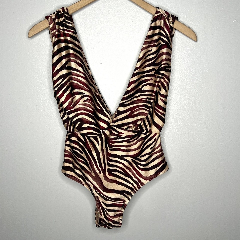 Bossa Nossa Animal Print Deep Plunge Cheeky One Piece Swimsuit Size