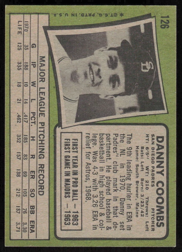 1971 Topps #126 Danny Coombs - $1 SHIPPING (JB4) - Image 2 of 2
