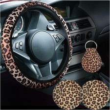 Leopard Cheetah Print 4pcs Car Accessory Set For 14-15 Inch Steering Wheel Leopard Cheetah Print 4pcs Car Accessory Set For 14-15 Inch Steering Wheel