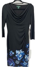 Women’s Black Dress 3/4 Sleeve Ralph Lauren Size 6 Blue Purple Floral Ruche