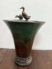 Vintage Carl Sorensen Style Art Deco Metal Bronze Trumpet Vase Duck Topper Lid