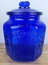 Vintage PLANTERS "MR PEANUTS" COBALT BLUE Glass Jar &Lid 12.5"🥜 Octagonal