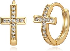 Gold Cross Earrings for Women-14K Gold Plated Small Hoop Huggie Earrings Dainty
