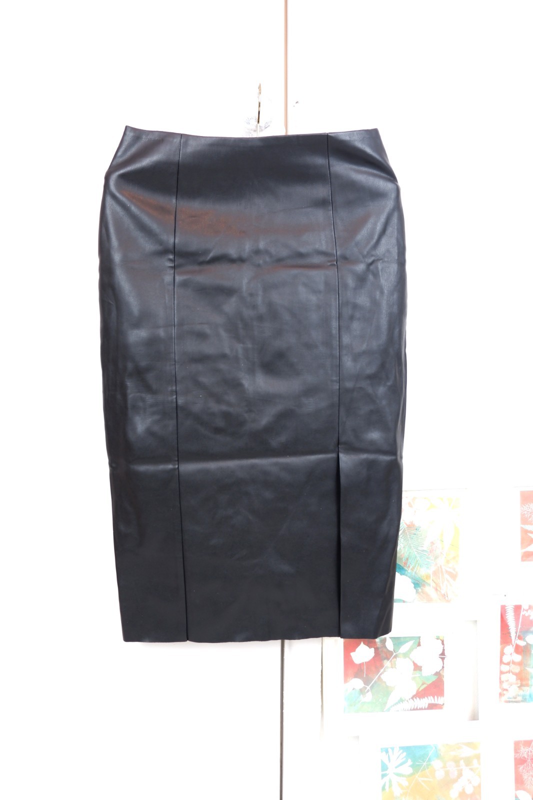 100% Real genuine Leather RRP120 Warehouse Black Panel Pencil Midi Skirt UK 6 se
