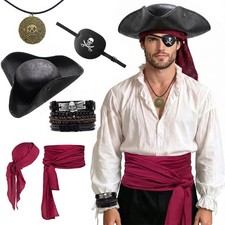 6-Piece Pirate Accessories Costume Set for Adults, Realistic Tricorn Hat