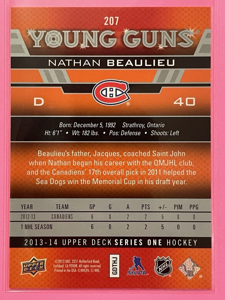 2013-14 Upper Deck Nathan Beaulieu Young Guns Rookie RC #207 Hockey Canadiens - Image 2 of 2
