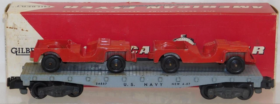 BOXED 1959 American Flyer 24557 US Navy Flat w/2 RED Tootsietoy Jeeps Military - Image 3 of 4