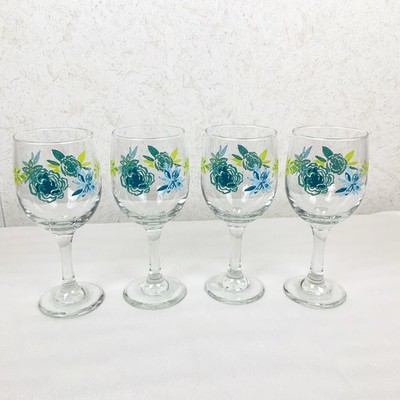 Libbey 4 Blue Roses Floral Wine Glasses 11.5 Oz Spring Cottagecore Garden USA