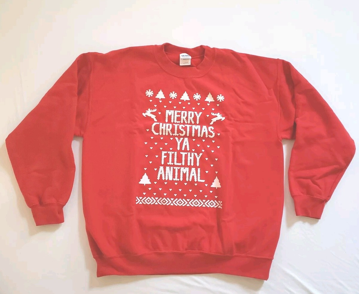 Gildan, Merry Christmas Ya Filthy Animal Sweater, Men, Large, Red