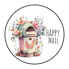 30 HAPPY MAIL STICKERS ENVELOPE SEALS LABELS 1.5" ROUND FLORAL MAILBOX FLOWERS