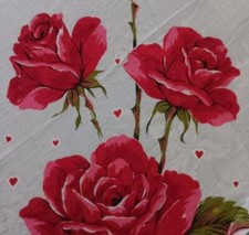 Large Vintage 50s Printed Hanky Red Roses Hearts Hand Rolled Pink Valentine