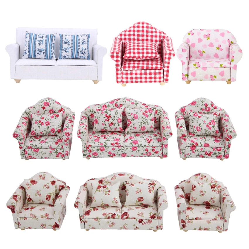 HEALERWORLD Dollhouse 1:12 Scale Miniature Vintage Furniture Chair Double Sofa Accessorie