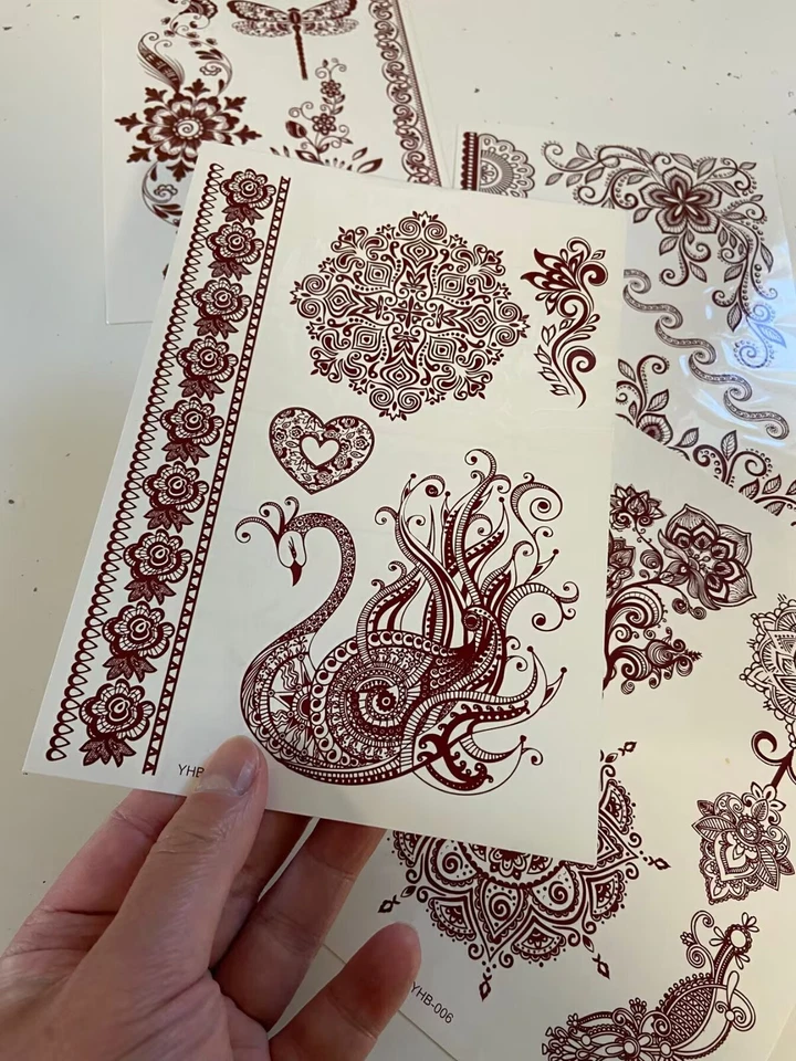 Juego de 4 Hojas Pegatinas Tatuaje Marrón Henna Encaje Impermeable Tatuaje Temporal Foto 4 de 4