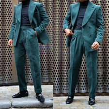 2Pcs Corduroy Men Suits Double Breasted Groom Formal Business Party Jacket Pants
